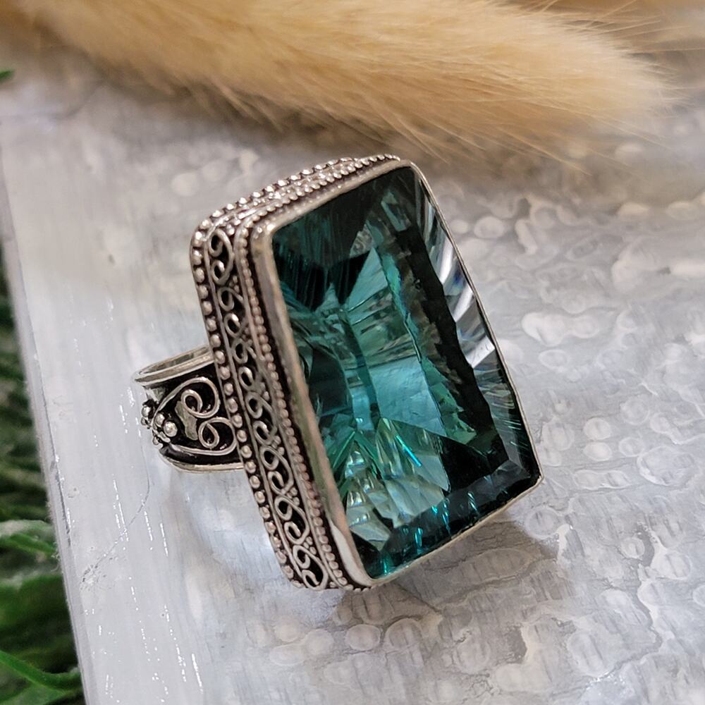 Green Stone Statement Ring, Sterling Silver Ring, 1.24 Inch Stone, Size 8.5